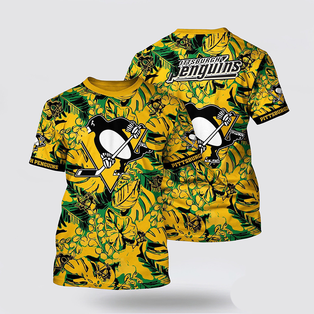 NHL Pittsburgh Penguins Tropical Leaf Pattern Summer T-Shirt Presents For Hockey Fans