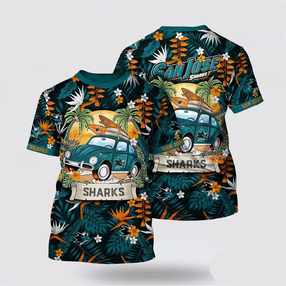 NHL San Jose Sharks Tropical Forest Motif Car Traveling Summer T-Shirt NHL Gifts For Fans