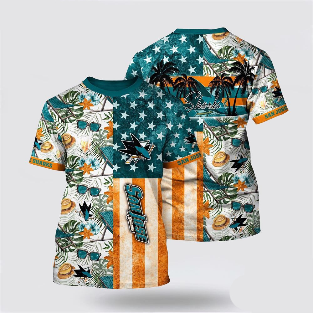 NHL San Jose Sharks Tropical Hat And Glasses Pattern Summer T-Shirt Good Gifts For Hockey Fans