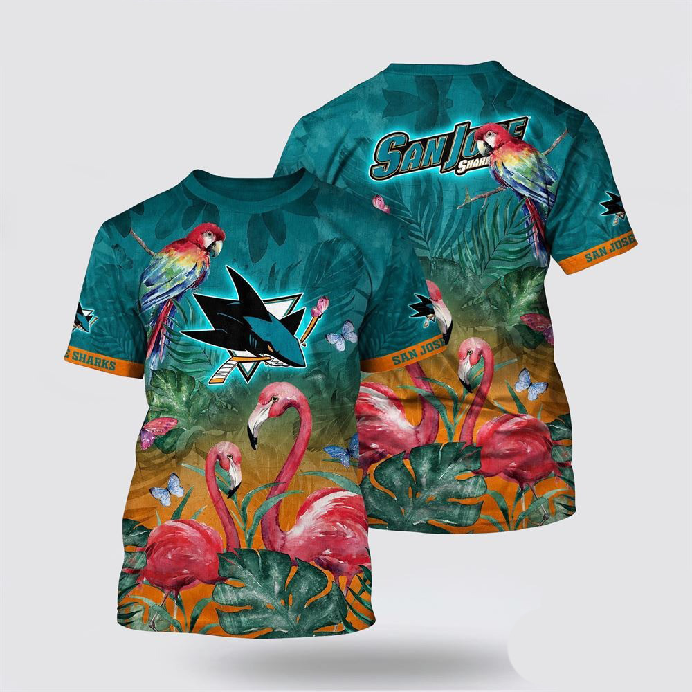 NHL San Jose Sharks Tropical Parrot And Flamingo Motifs Summer T-Shirt Gifts For NHL Fans