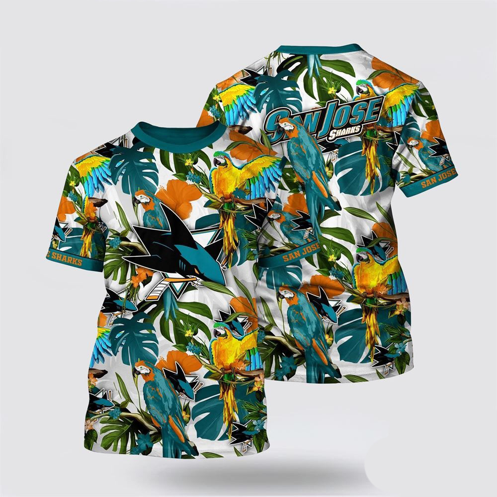 NHL San Jose Sharks Tropical Parrot Pattern Summer T-Shirt Cool Gifts For Hockey Fans