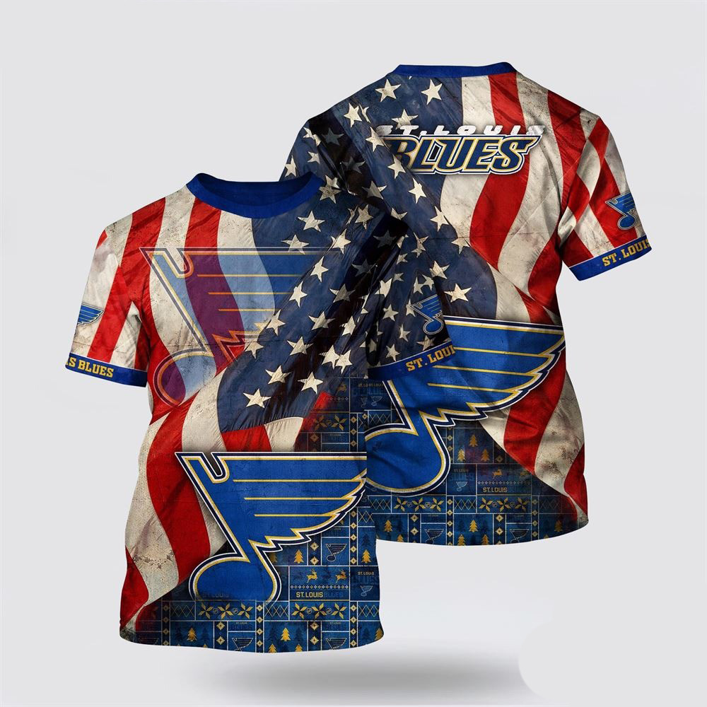 NHL St. Louis Blues All Over Print T Shirt With American Flag Pattern Summer T Shirt