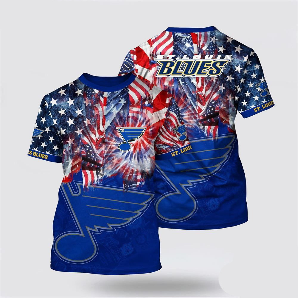 NHL St. Louis Blues All Over Print T Shirt With American Independence Day Pattern Summer T Shirt