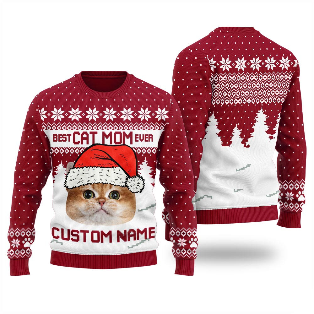 Nice Custom Cat Mom Ugly Christmas Sweater For Women Christmas Sweater Gift