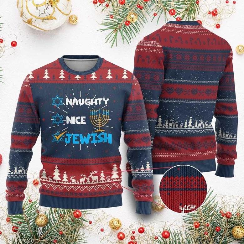 Nice Naughty Jewish Ugly Christmas Sweater Hanukkah Festival Sweater Xmas Gifts For Jewish