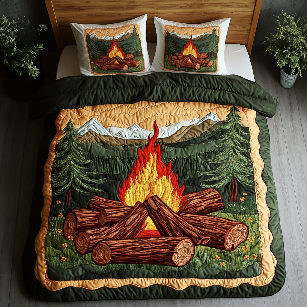Night Blaze Quilted Bedding Set Bedroom Decorations Gifts For People Who Loves Camping