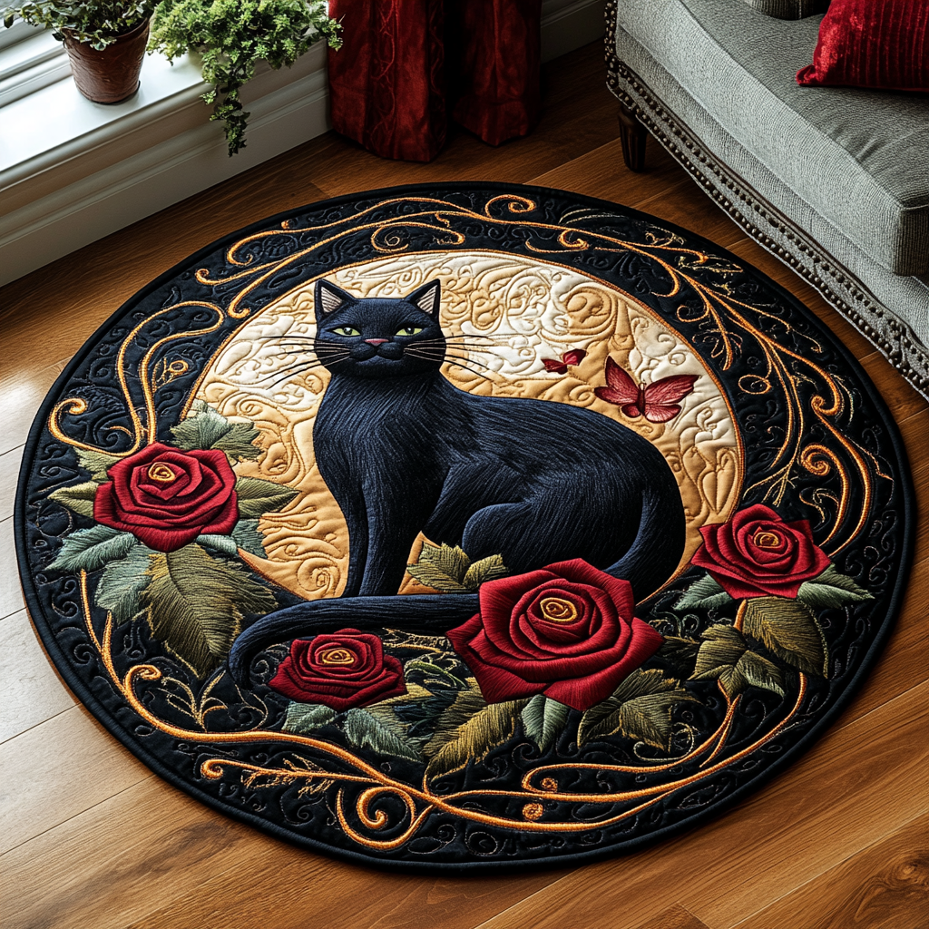 Night Bloom Feline Quilted Round Mat Entryway Christmas Decor Ideas Cat Presents For Women