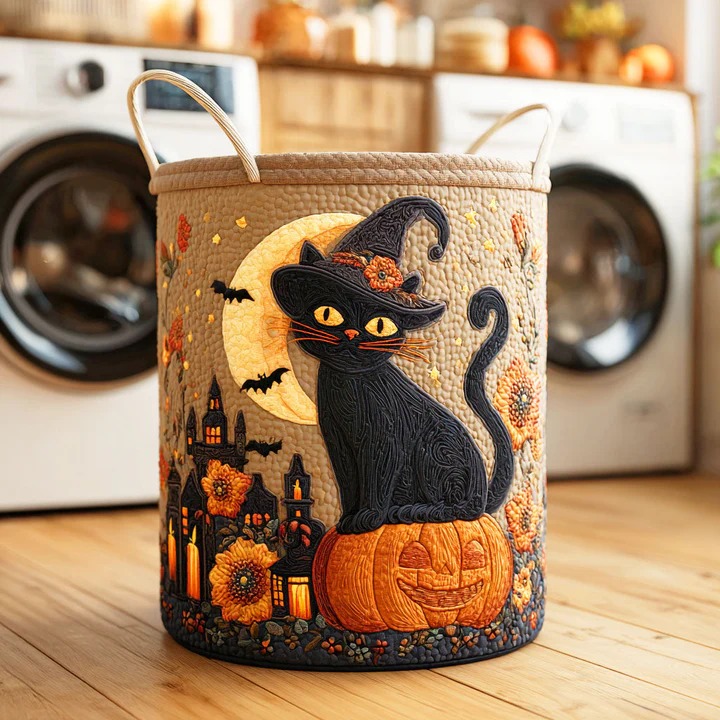 Night Cat Quilted Laundry Basket Black Cat Moon Celestial Boho Home Decor Gift For Cat Lovers