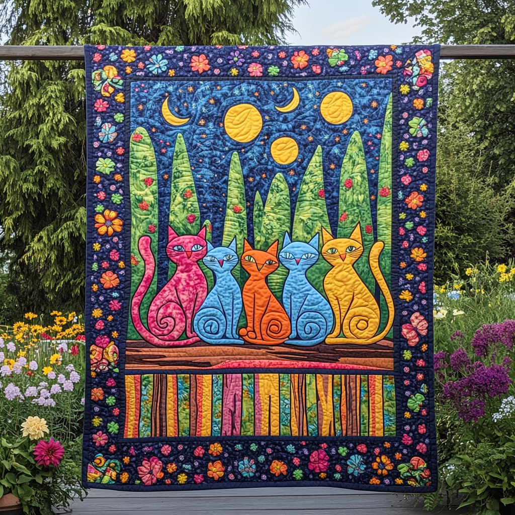 Night Charming Cat Quilted Blanket Cute Blankets For Her