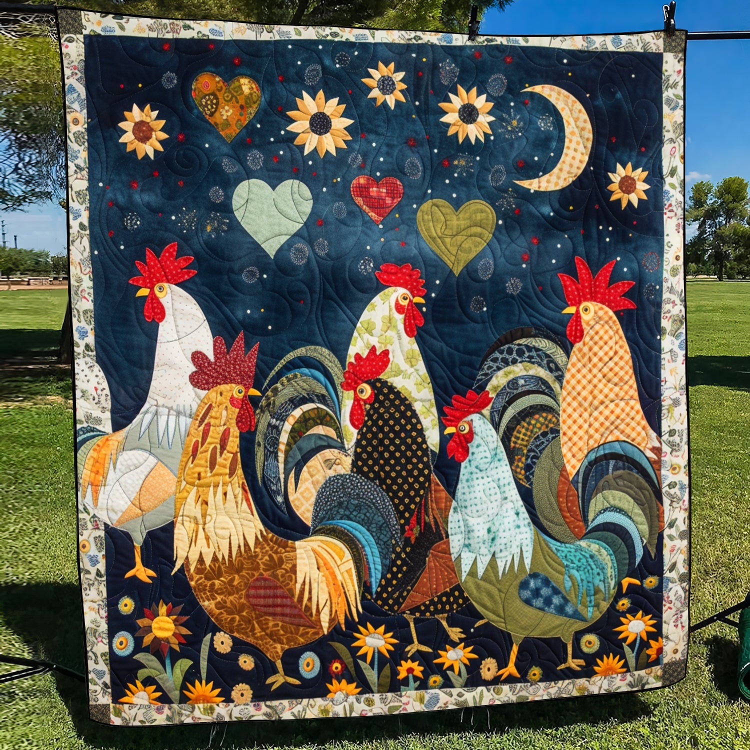 Night Roosters Quilted Blanket Chicken Lover Presents