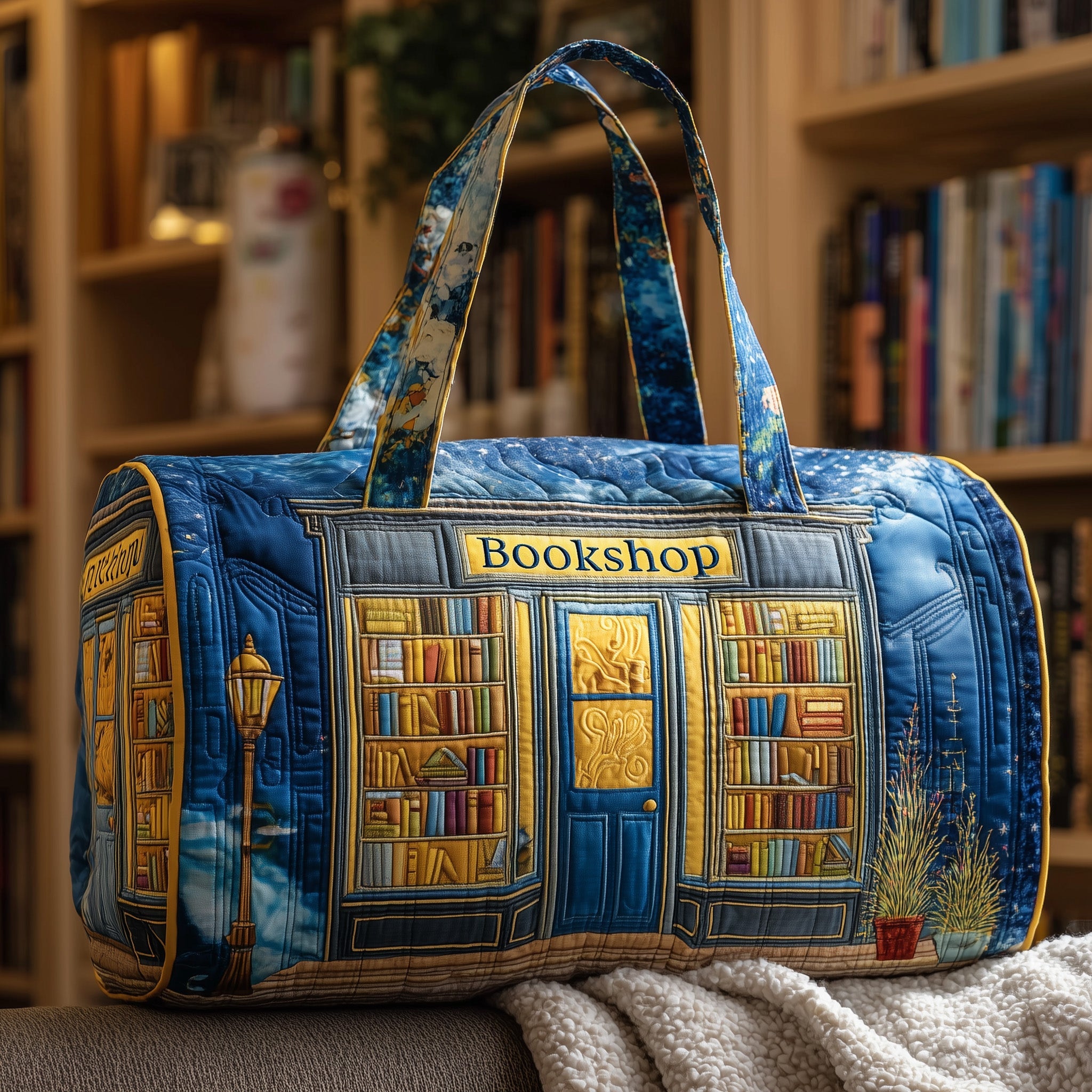 Nightime Bookstore Quilted Duffle Bag Valentine's Day Gift Idea