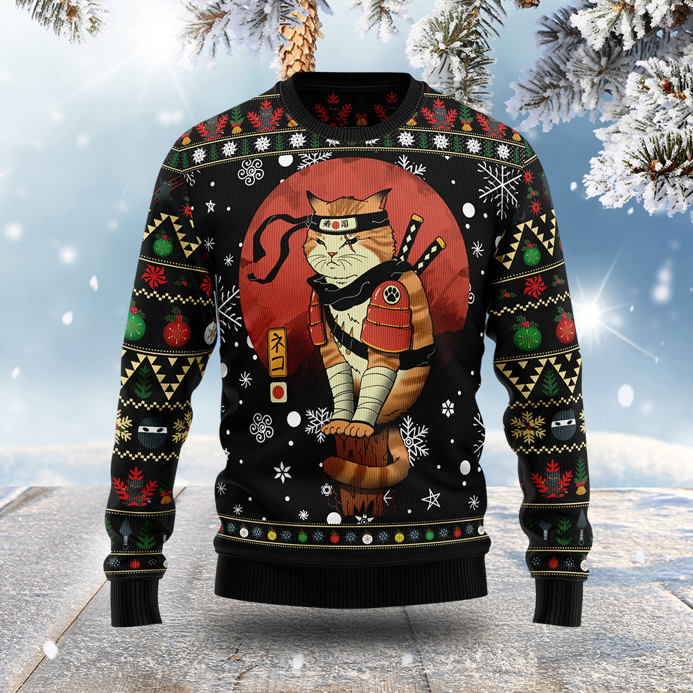 Ninja Cat Ugly Christmas Sweater Animal Themed Christmas Gifts For Ninja Lovers