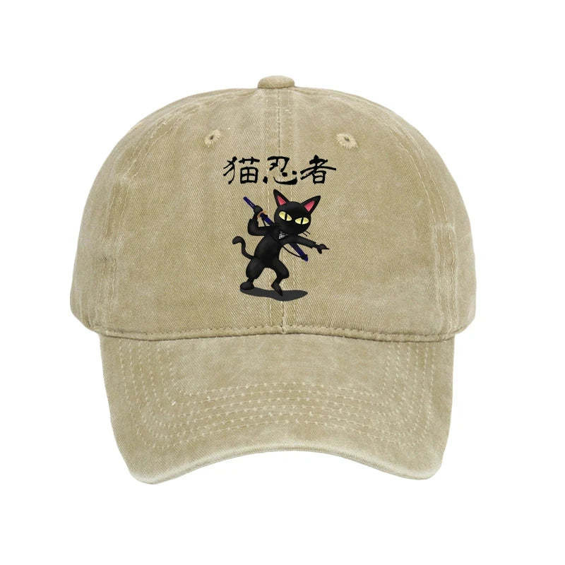 Ninja Cat Washed Hat Japanese Art Pattern Meme Cap Gifts For Humor Lovers