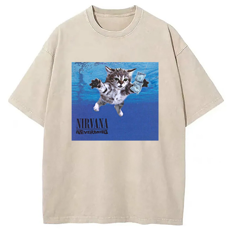 Nirvana Band Cat Washed T-Shirt Casual Vintage Everyday Look Gifts For Sister