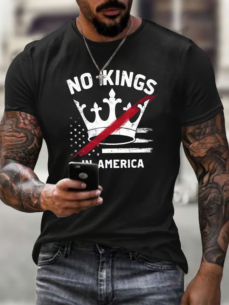 No Kings In America Flag Graphic T-Shirt Political Protest Shirt Patriotic Crown Tee Gift For Supporters