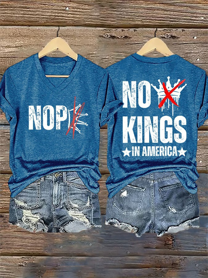 No Kings In America Nope Front Back V-Neck Shirt Political Protest Shirt Patriotic Clothing Gift For Activists