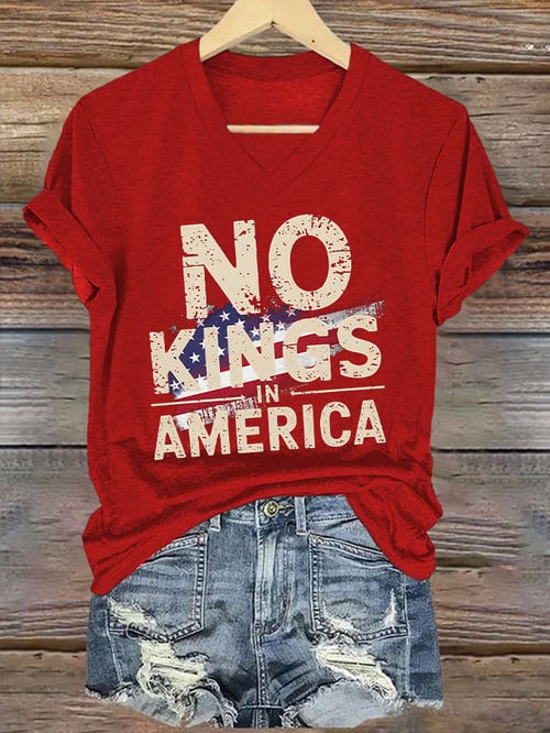 No Kings In America V-Neck Shirt Patriotic USA Flag Protest Political Activist Merch Gifts For Women