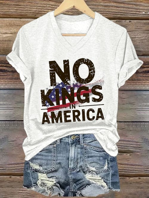 No Kings In America V-Neck Shirt Patriotic USA Flag Protest Political Activist Merch Gifts For Women