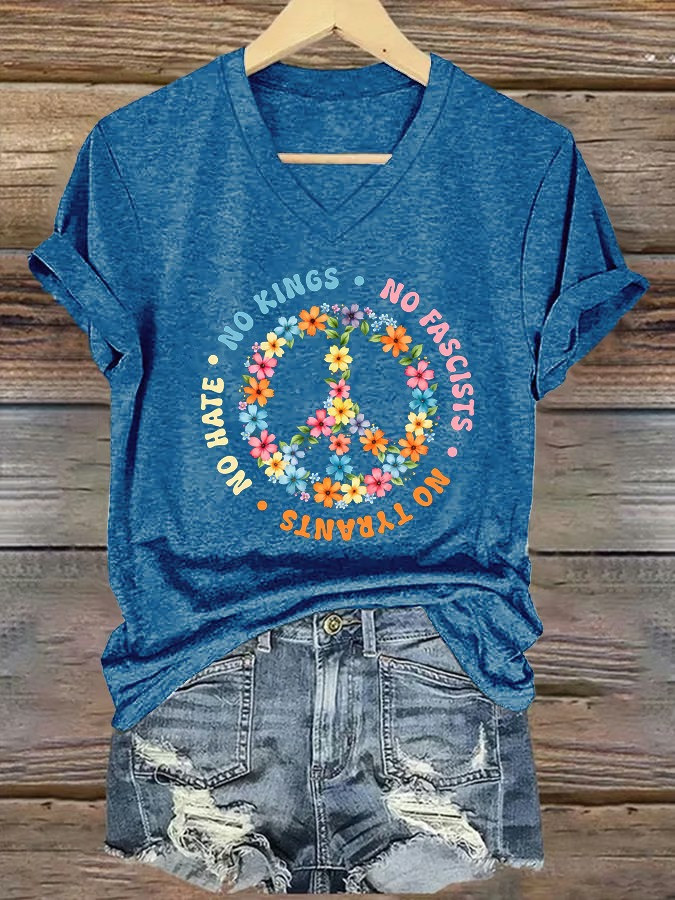 No Kings No Fascists No Tyrants Peace Floral V-Neck Shirt Protest Clothing Best Gift For Supporters