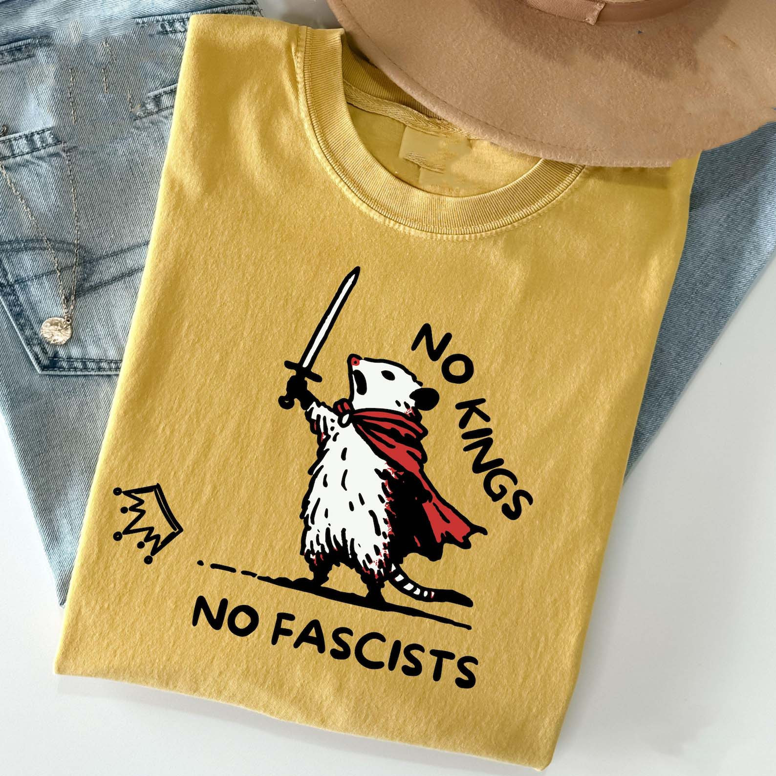 No Kings No Fascists T-Shirt Opossum Warrior Doodle Clothing Gift For Anti Trump