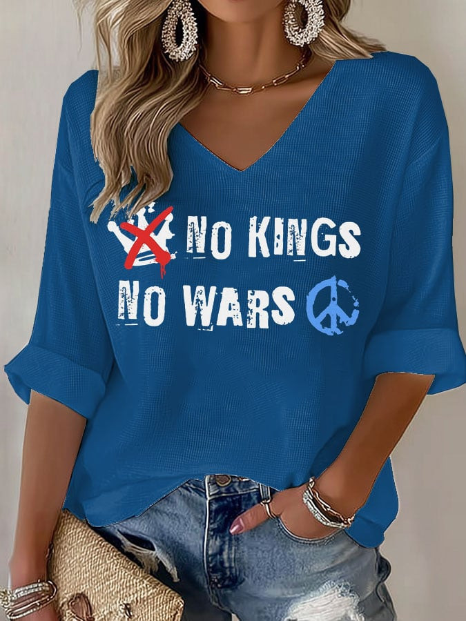 No Kings No Wars V-Neck Long Sleeve Shirt Anti Trump Clothing Gift Ideas