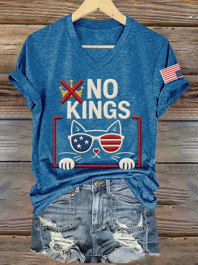 No Kings Patriotic Cat V-Neck Shirt No Kings Protest Apparel Gifts For Girlfriend