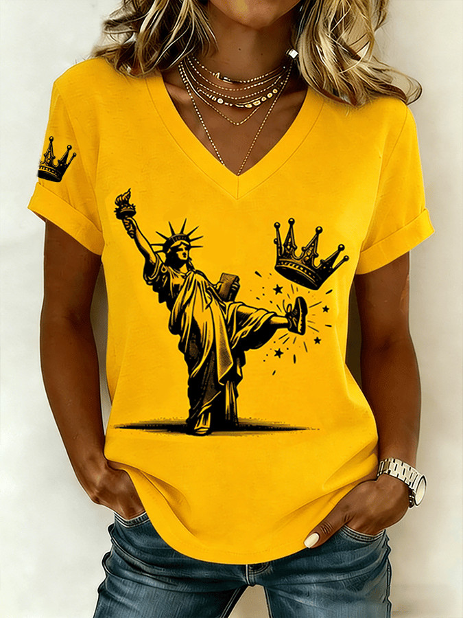 No Kings Pattern V-Neck Shirt Patriotic Protest Apparel Gift For Democracy Supporters