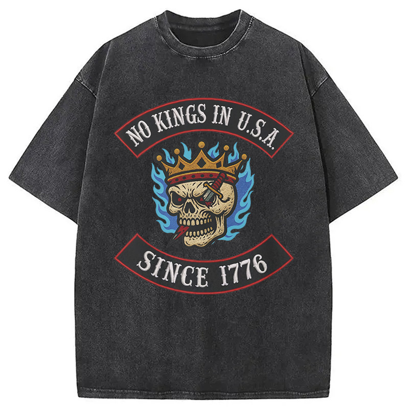 No Kings Resistance Skull Washed T-Shirt Cool Graphic Tee For Men Women Gifts For Her