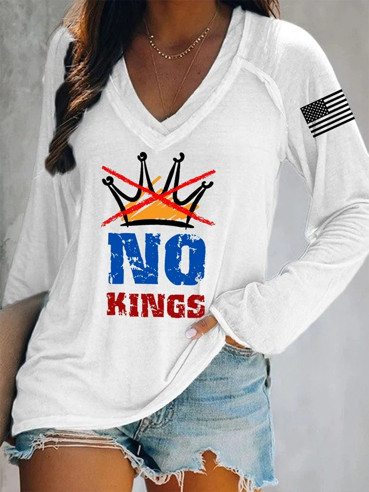 No Kings V-Neck Long Sleeve Shirt No Kings Protest Merch Anti Fascist Merch Gifts For Her