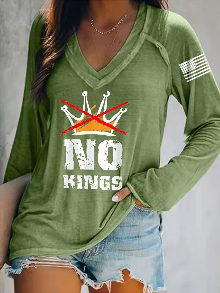 No Kings V-Neck Long Sleeve Shirt No Kings Protest Merch Antifa Merch Gifts For Women