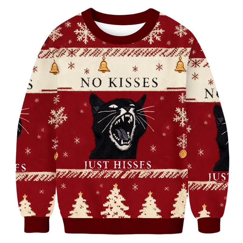 No Kisses Just Hisses Angry Black Cat Christmas Ugly Sweater Xmas Outfits Gifts For Cat Owner