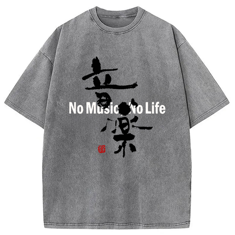 No Music No Life Washed T-Shirt Soft Cotton Daily Wear Tee Gifts For Him