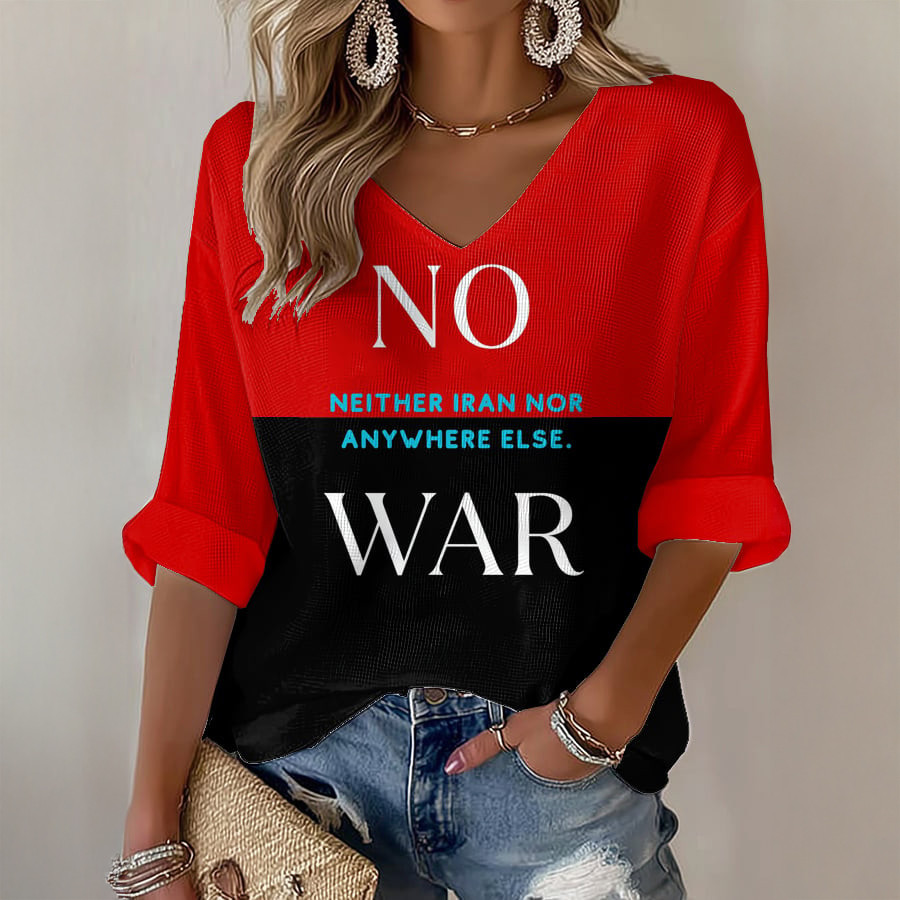 No Neither Iran Nor Anywhere Else War V-Neck Long Sleeve Shirt Free Iran Apparel