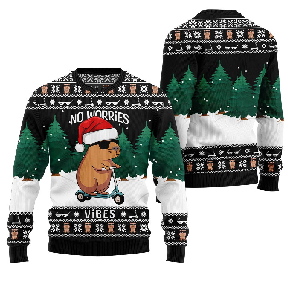 No Worries Vibes Capybara Ugly Christmas Sweater Comfortable Holiday Sweater for Chilly Nights