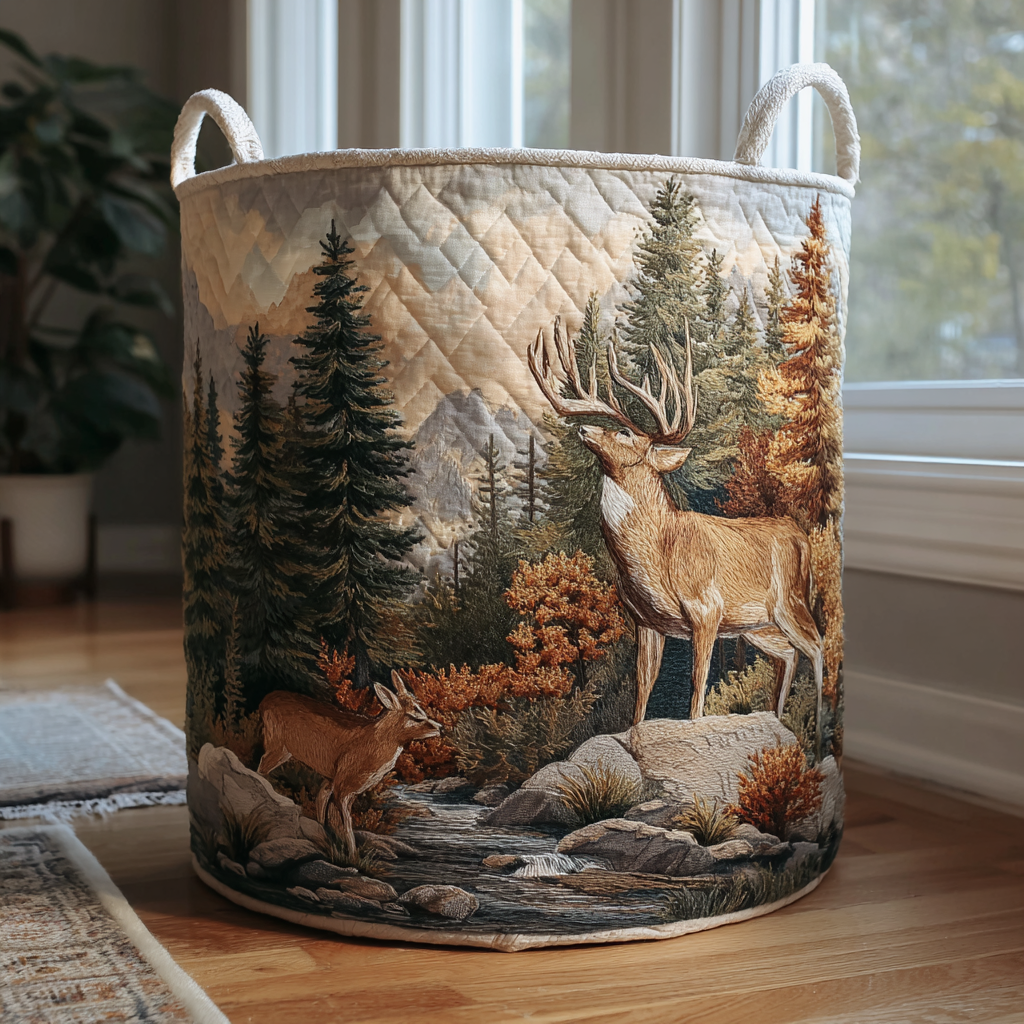 Noble Deer Quilted Laundry Basket Useful Quilted Laundry Basket Gift for Housewarming