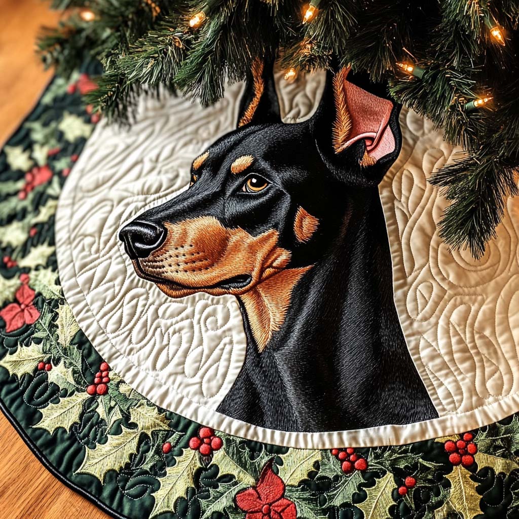 Noble Doberman Watcher Christmas Quilted Tree Skirt Merry And Bright Holiday Decor Classic Christmas Home Decor