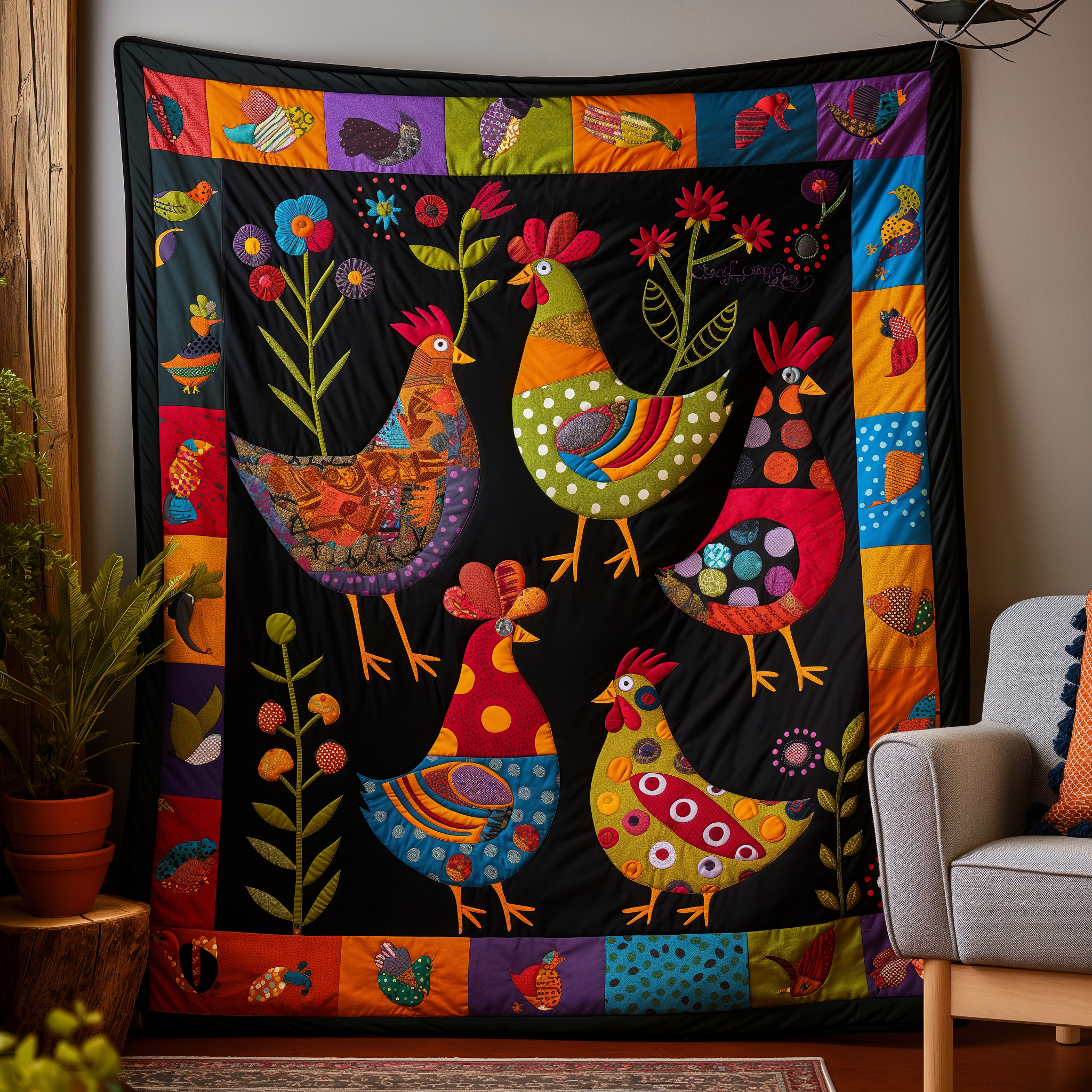 Nocturnal Bloom Chicken Quilted Blanket Gifts For Chicken Owners