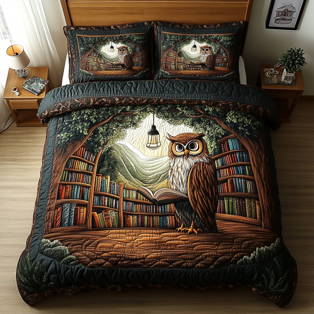 Nocturnal Glance Quilted Bedding Set Cute Room Decor Best Gifts For Owl Lovers
