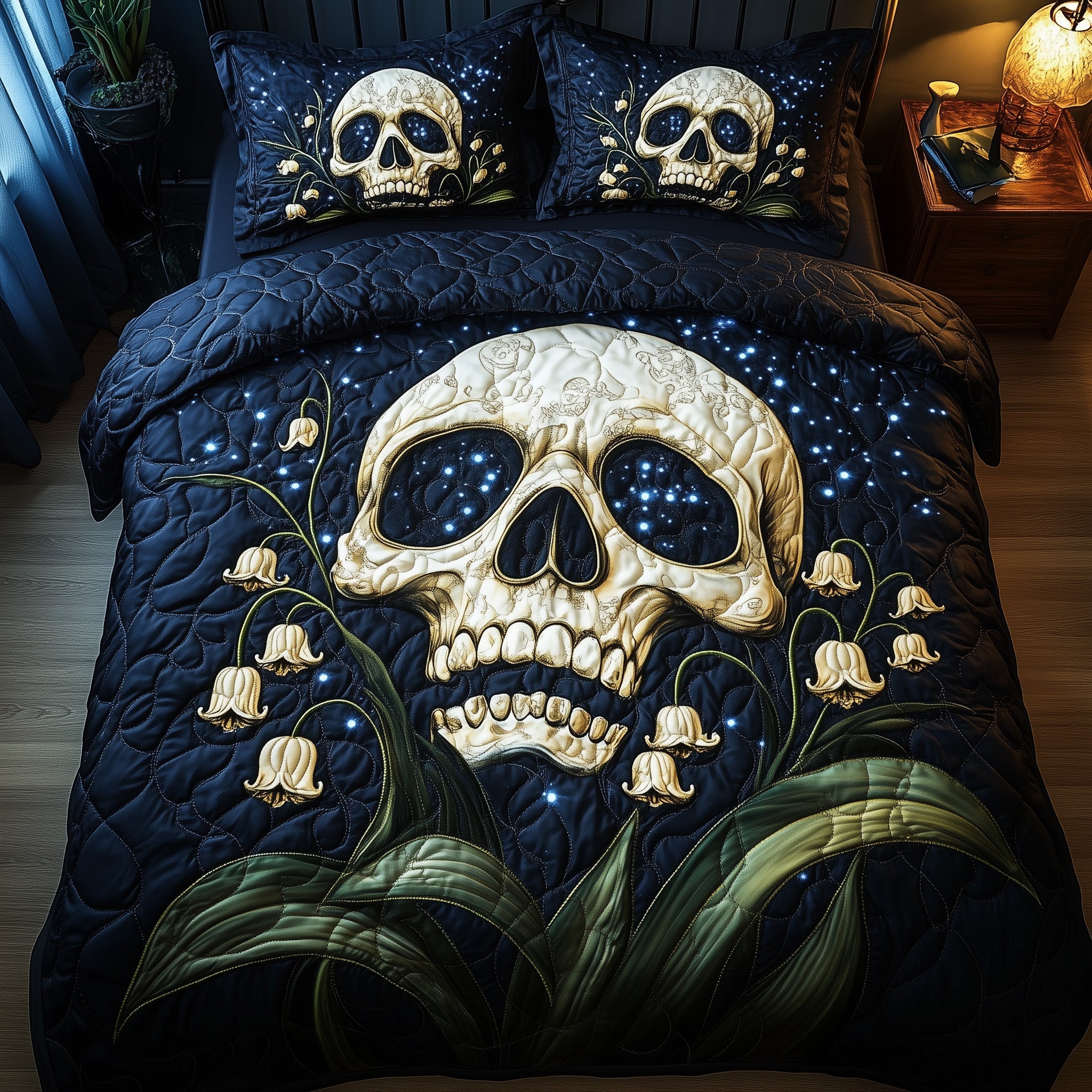 Nocturne Skull Quilted Bedding Set Duvet Cover Merchandise Calavera Gift