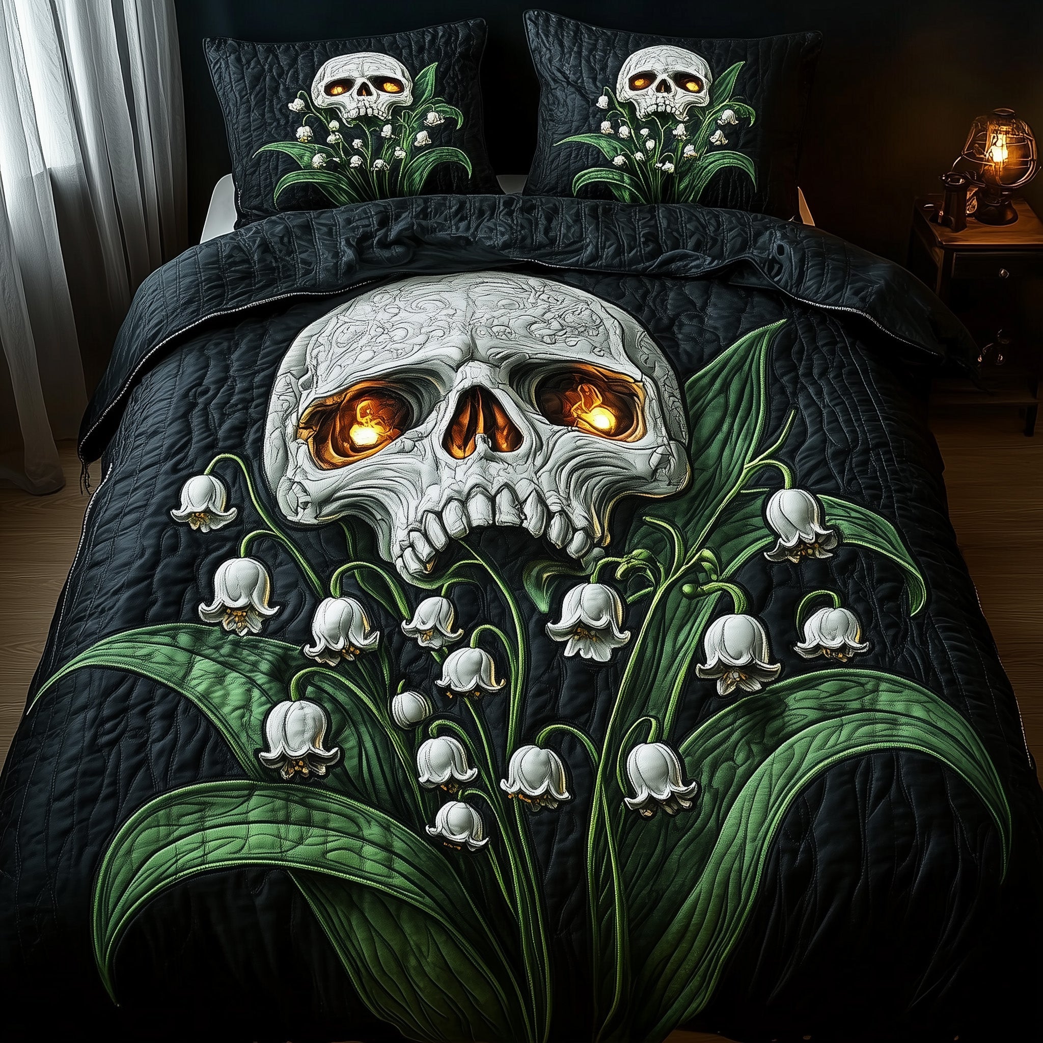 Nocturne Skull Quilted Bedding Set Duvet Cover Merchandise Gifts With Skulls On Them