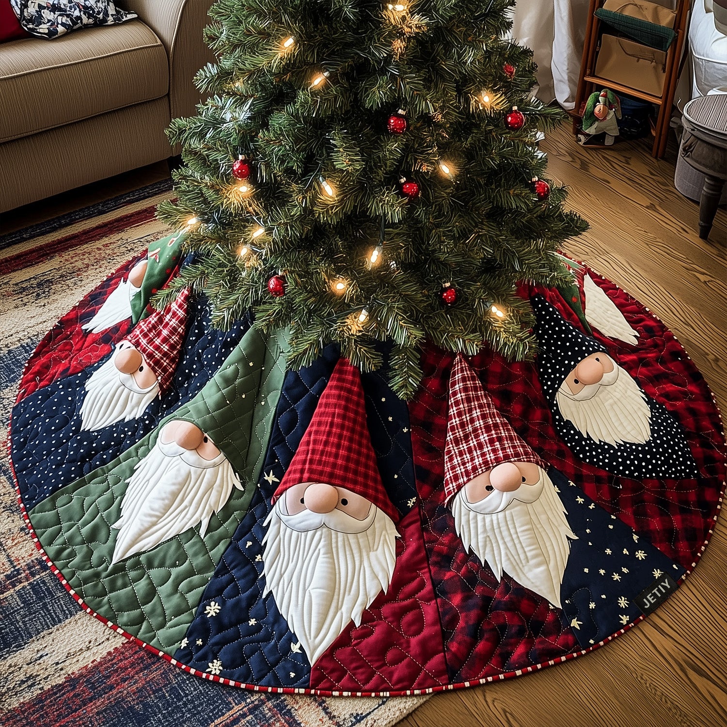Noel Nostalgia Quilted Christmas Tree Skirt Lovely Gift Merch for a Festive Home