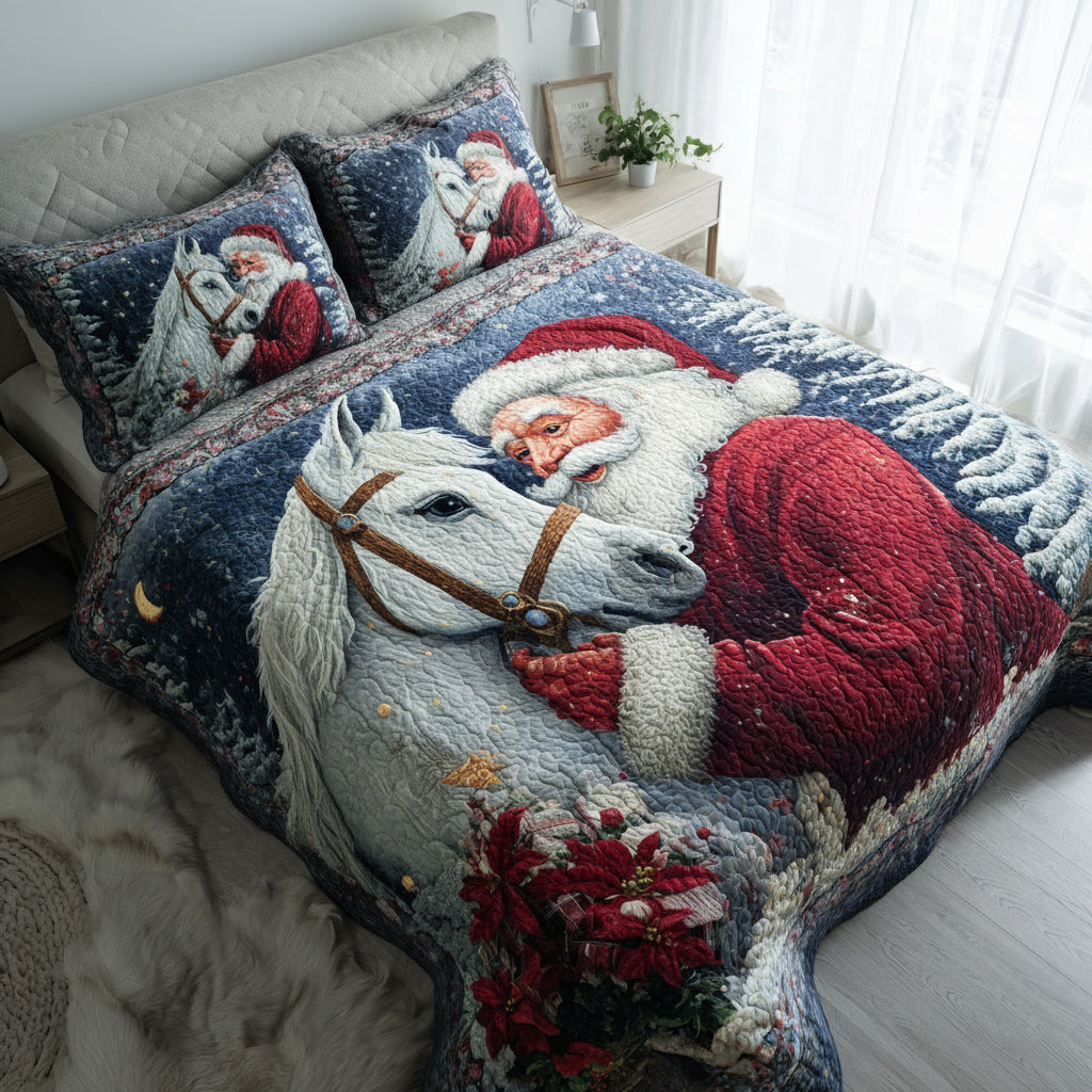 Noel White Horse Quilted Bedding Set Holiday Duvet Cover Set Gifts For Horse Lovers Woman