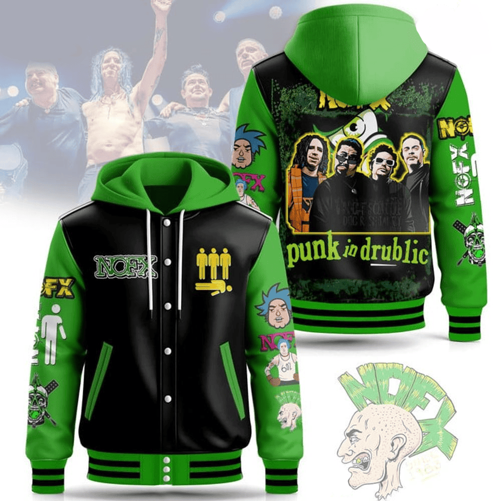 NOFX Punk In Drublic Hooded Varsity Jacket NOFX Merch Father's Day Gifts For Grandpa NOFX Punk In Drublic Hooded Varsity Jacket NOFX Merch Father's Day Gifts For Grandpa
