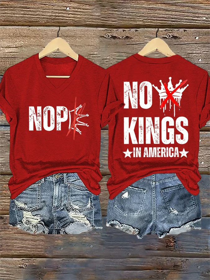 Nope No Kings In America V-Neck Shirt No Kings Rally Clothing Patriotic Gifts For Anti Trump