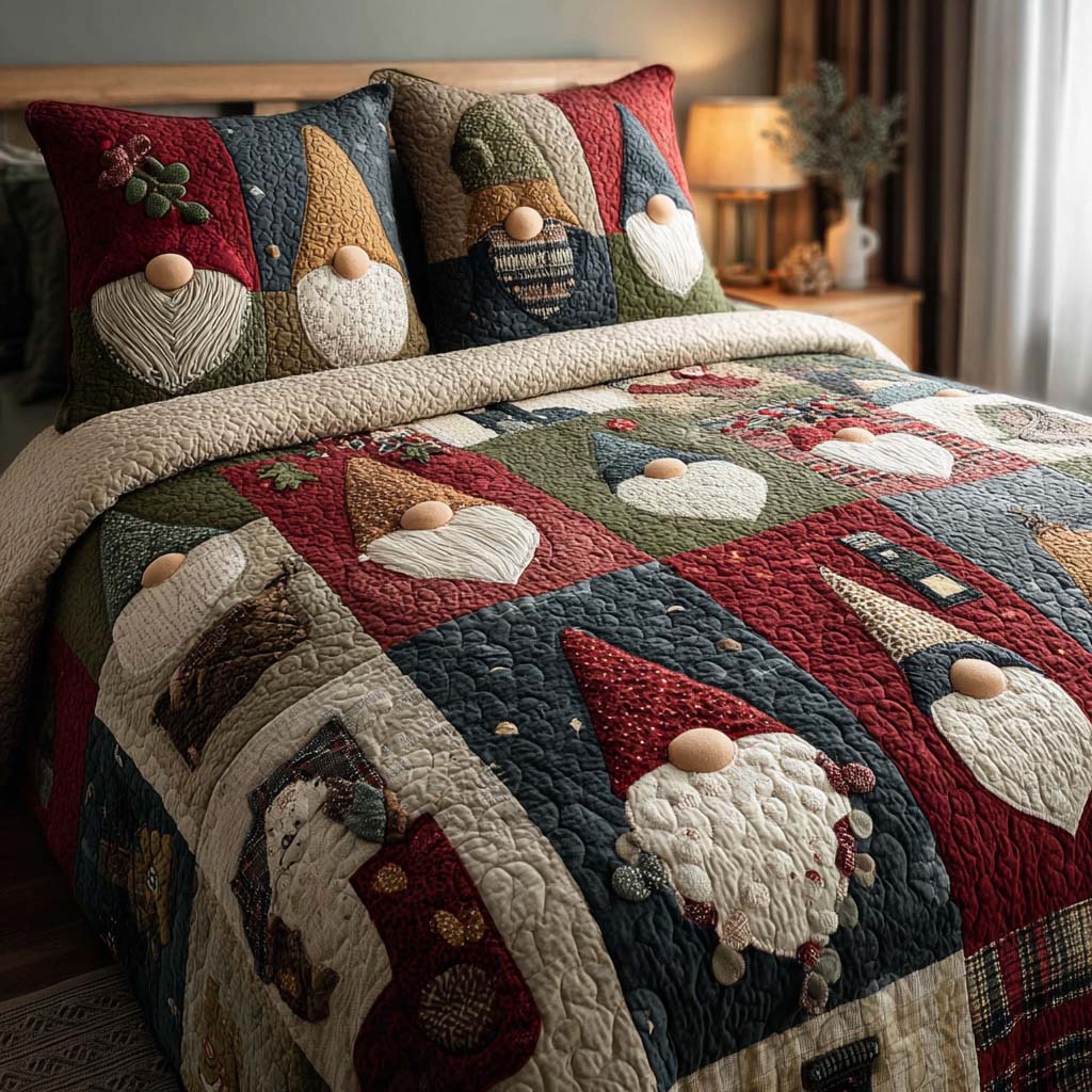 Nordic Patchwork Gnome Quilted Bedding Set King Comforter Sets Cozy Christmas Keepsake For Family