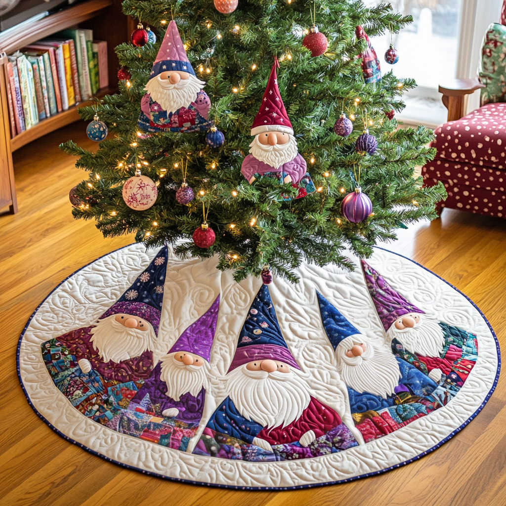 North Pole Gnome Christmas Quilted Tree Skirt Lovely Holiday Tree Skirt for Festive Vibes