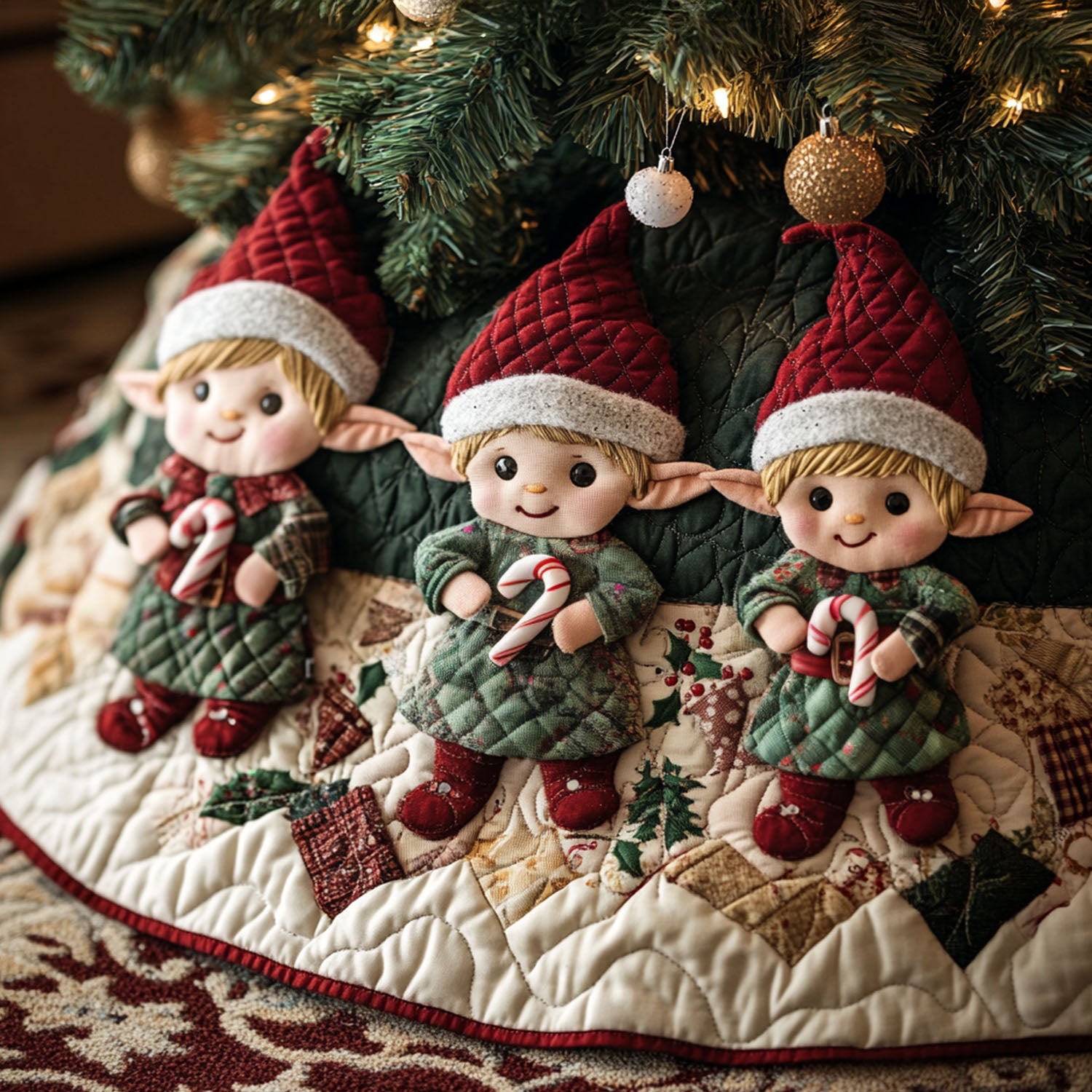 North Pole Helpers Quilted Christmas Tree Skirt Premium Quilted Tree Skirt Gift for Family Gatherings