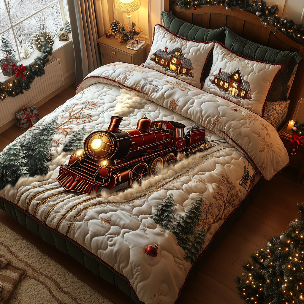 North Pole Line Quilted Bedding Set Holiday Duvet Cover Set Best Family Presents For Christmas