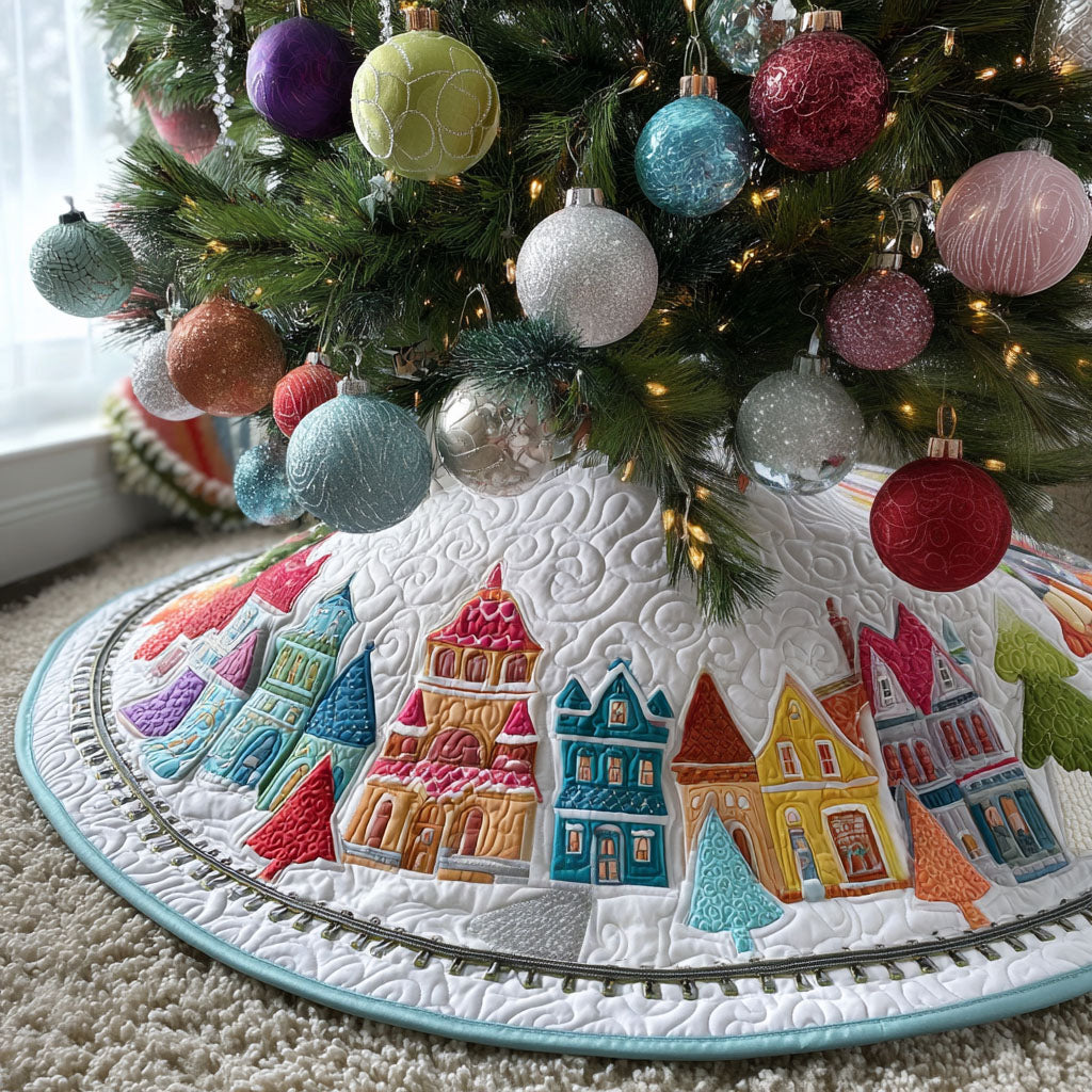North Star Village Christmas Quilted Tree Skirt Holiday Decor Family Xmas Presents