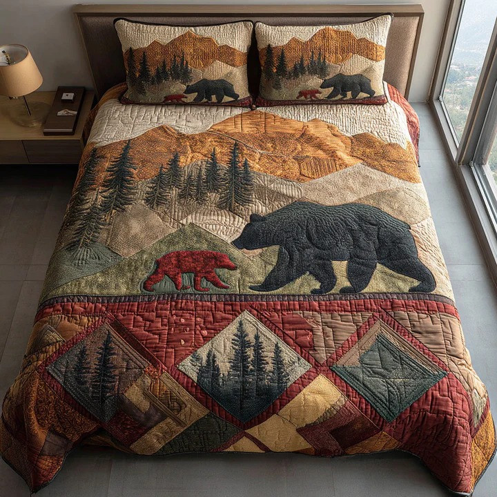 Northern Bear 3-Piece Quilted Bedding Set Wildlife Rustic Bedspread Best Gift For Bear Lovers
